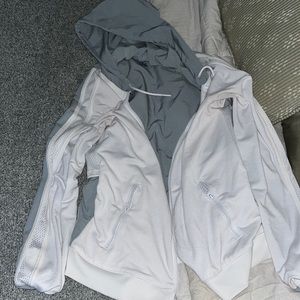 Gray and white champion zip up hoodie